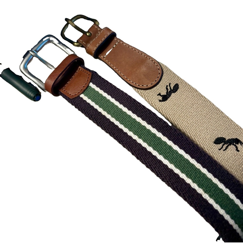 Lands End Men's Belt Lot 2 Size 40 Khaki Ant Embroidered & Navy Green Stripe